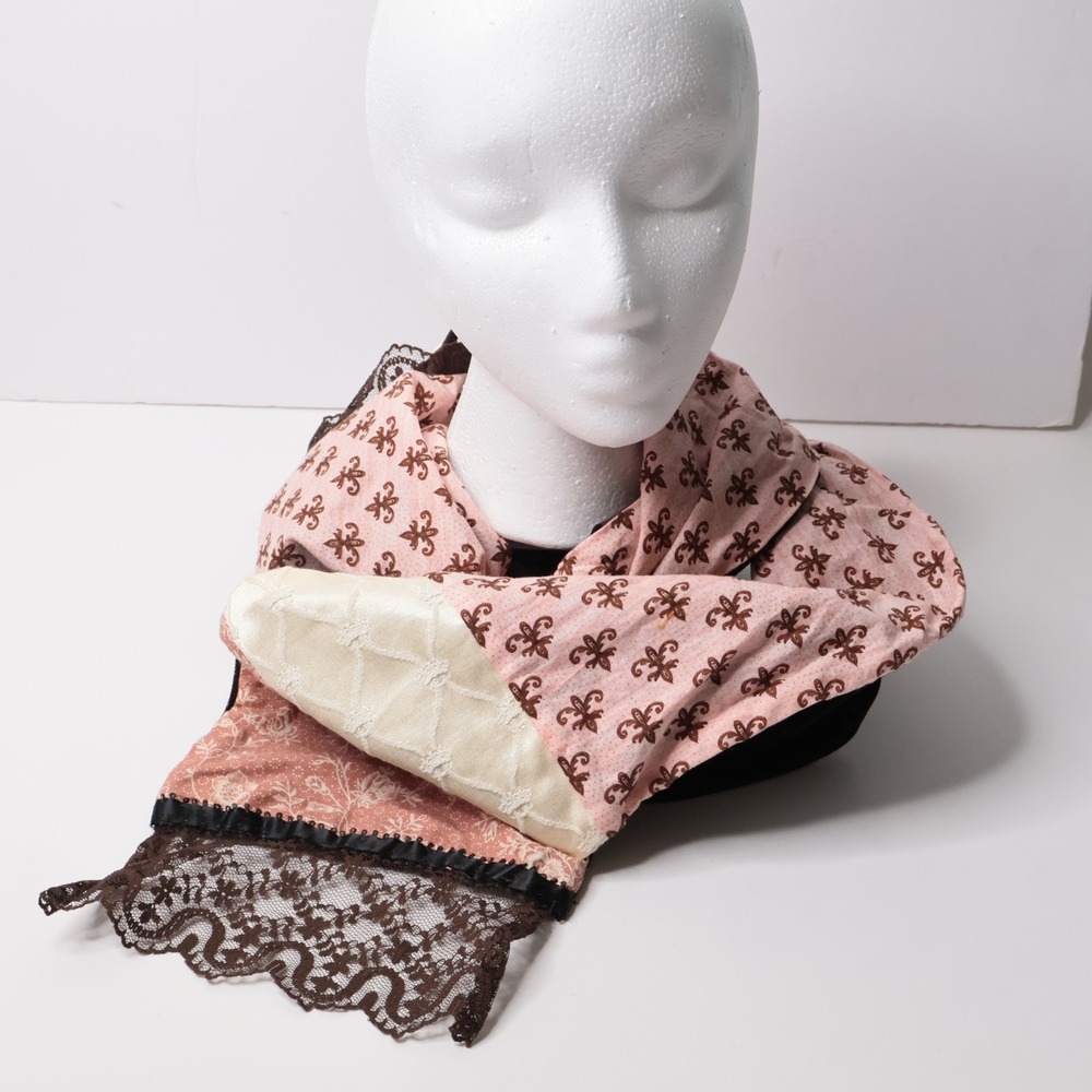 Vintage Patchwork Velvet Lace‎ Scarf Pink Brown Fleur de Lis Floral Victorian